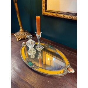 Art Deco Vanity Tray w/Yellow Border, Jeweled Filigree & Porcelain Cameos, 1920s